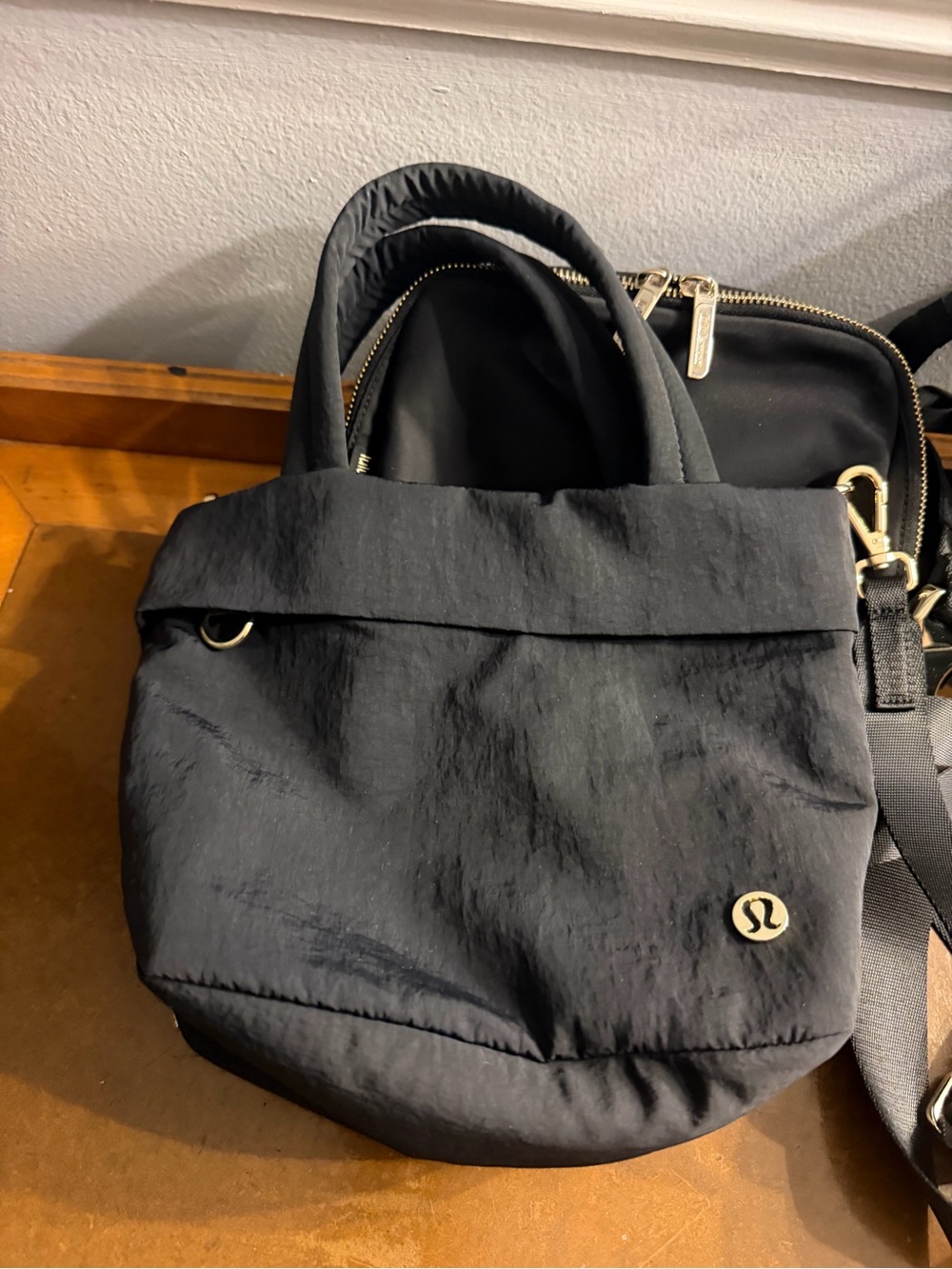 lululemon athletica Black Nylon Mini Tote Bag gold hardware like new